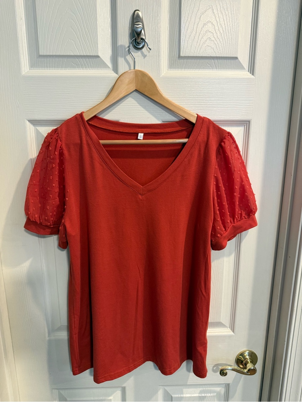 Women’s Orange V-Neck Swiss Dot Short Sleeve Tee